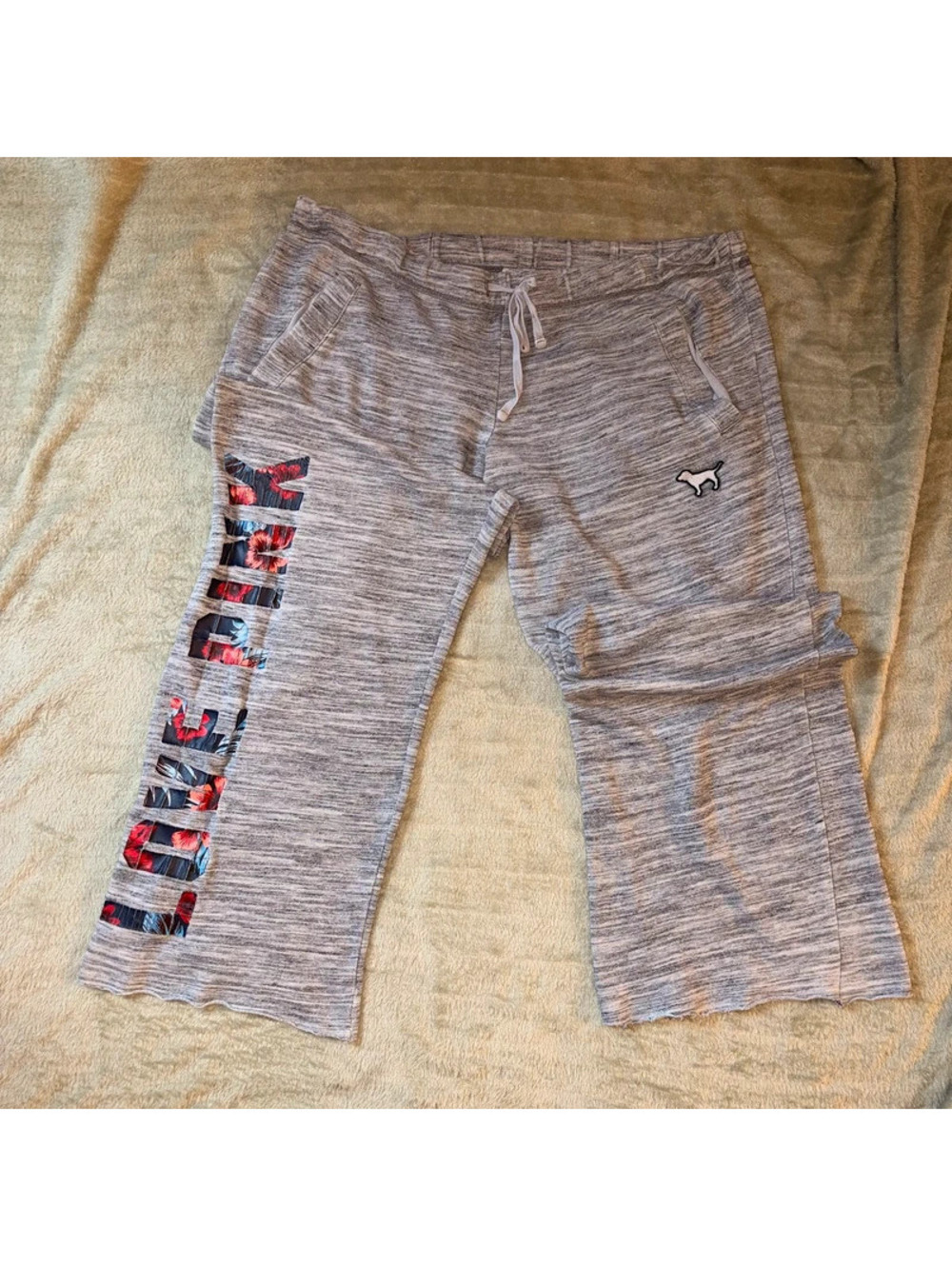 Gray Vintage Y2K Victoria Secret Pink Flared Logo Sweatpants with dog embroidery